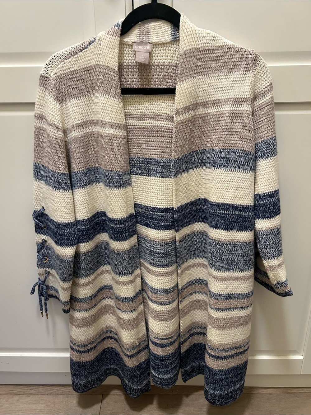 Chico's Open-Front Striped Cardigan - Cream, Blue & Taupe